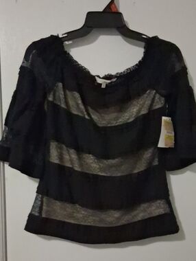 RACHEL Rachel Roy Black Sheer Striped Lace Blouse